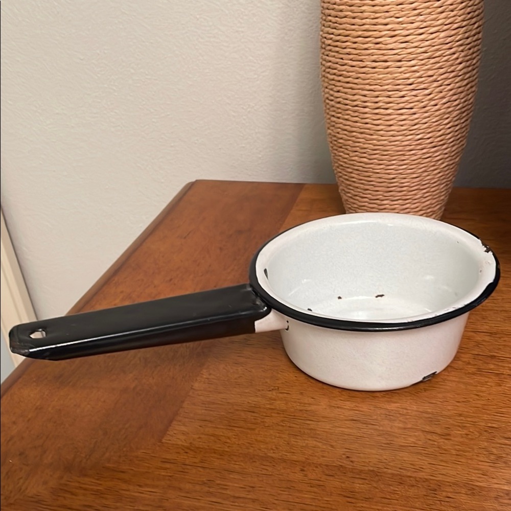 Vintage Black & White Enamelware 1 1/2 Cup Small Saucepan